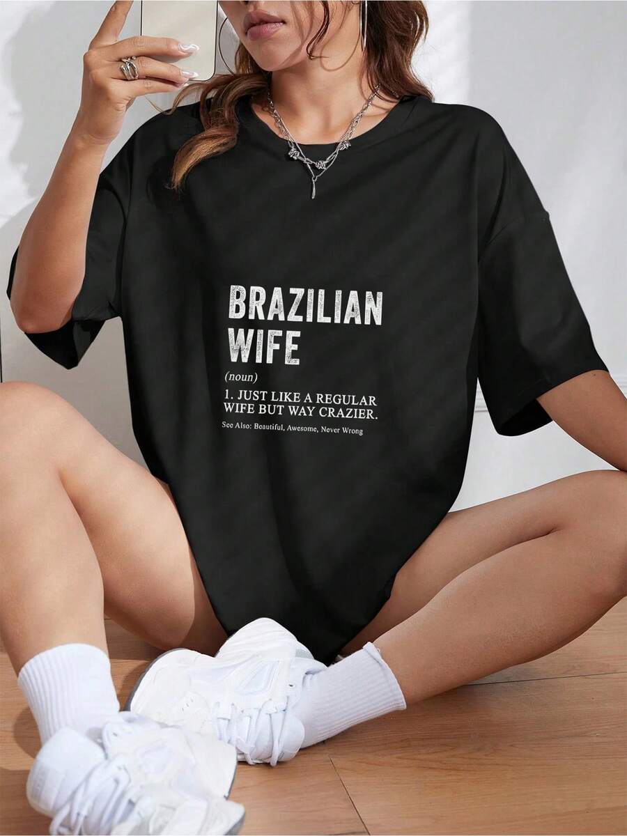 Brazilian Wife Definition Funny Brazilian Cool Comedy Ladies' Crewneck T Shirt_458_t1 - 黑色 - 查看 1