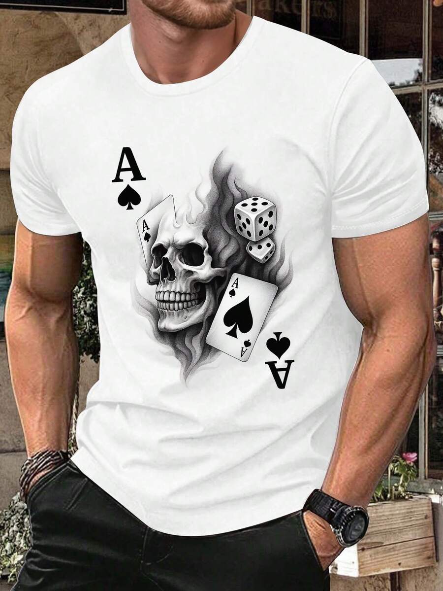 男士休闲图案 T 恤，万圣节趣味印花，时尚图案，针织面料短袖，常规圆领