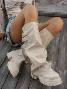2025新款女式制服靴，真皮圆头粗跟防水厚底过膝靴，四季皆宜，褶裥筒状设计，侧拉链和搭扣，时尚米色女士高筒靴，尺码偏小一码 - 米色 - 查看 4