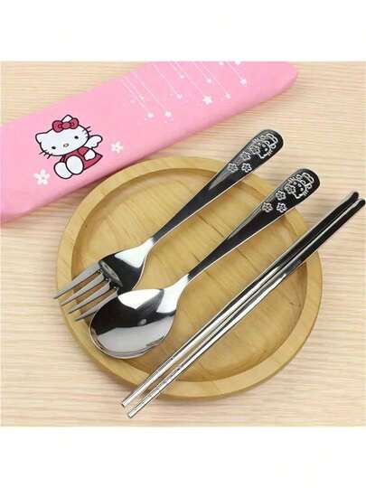  3 piezas Juego de cubiertos de Hello Kitty de Sanrio con bolsa con cremallera, Palillos, tenedores y cucharas de acero inoxidable de Hello Kitty, Conveniente para el uso diario, viajes, campamentos, fácil de transportar