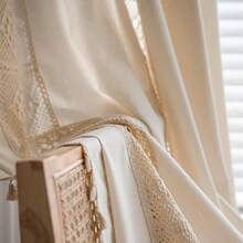 Boho Curtain Crochet Lace Patchwork Semi-Blackout Bohemian Handmade Tassels, Rod Pocket Window Treatment Vintage Rustic Farmhouse Drapes For Living Bedroom, 1 Panel 59" W X 63" L, Beige - 米色拼布59寬x63公升1包 - 查看 5