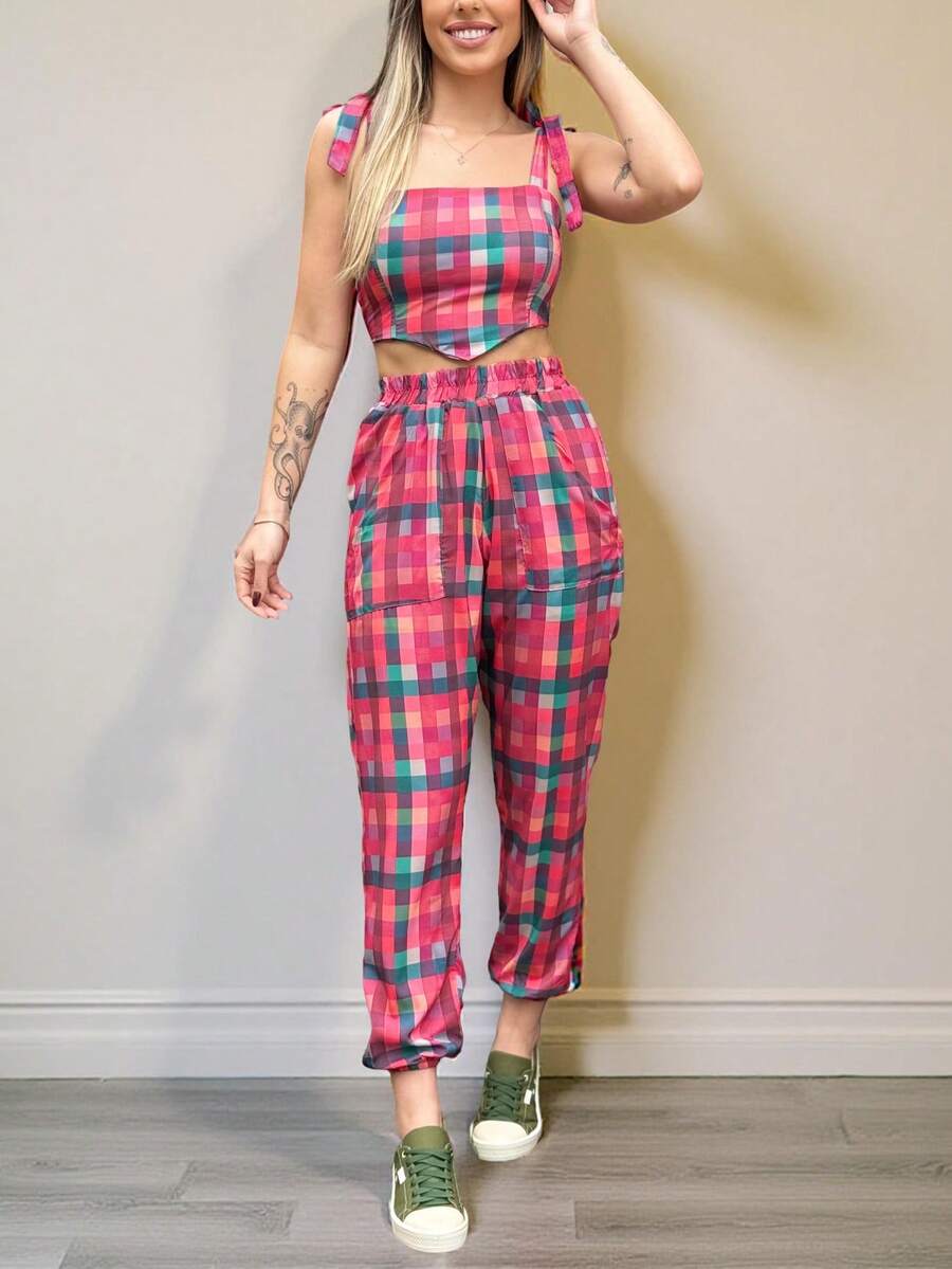 Women's Vibrant Colorful Plaid Set For Elegant June Party - Cờ đỏ - Xem 1