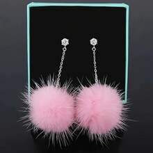1pr Women's Christmas White Pom-Pom Earrings, Long Tassel & Fluffy Design, Perfect Autumn & Winter Jewelry For Casual Outfits, Weekend Trips, Christmas Shopping, Festive Celebrations, Gift For Her, Popular Ladies' Accessories - 粉色 - 查看 9