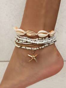 Bộ 7 vòng tay/vòng chân phong cách Bohemian đính hạt cườm hình vỏ sò, ngọc trai giả và sao biển, phù hợp cho nữ (màu sắc phối ngẫu nhiên), phụ kiện ngày Valentine. - Nhiều màu - Xem 6