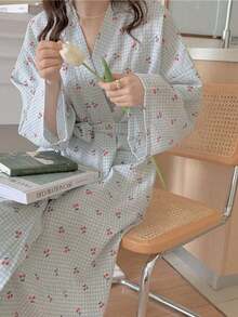 1 件加厚舒适家居睡袍，甜美熊格子图案，宽松休闲中长家居服，V 领长袖带口袋，女士家居服浴袍 - 粉色 - 查看 14