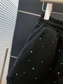 Hessen Plus Size Women's Fashion Elegant Knit Casual Daily Wear Loose Sweatsuit Set, Luxury Rhinestone Embellished Round Neck Long Sleeve Sweatshirt And Shorts, Women 2 Piece Set, Suitable For Party, Gathering, Travel, Holiday Gift, Graduation Outfit - Black - View 4