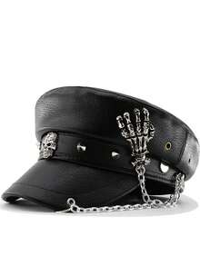 1pc Women Punk Leopard Print Spider Rivet Leather Beret Hat, Suitable For Daily Commute Or Party Halloween