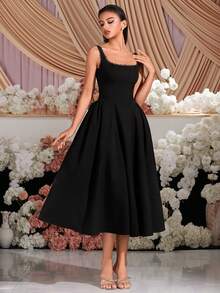 Váy dự tiệc midi cổ vuông ren cạp cao màu đen thanh lịch cho buổi dạ hội, tiệc sinh nhật, hẹn hò buổi tối, tiệc về quê, tiệc cưới, tiệc cocktail cho khách, lễ hội gia đình - màu đen - Xem 7