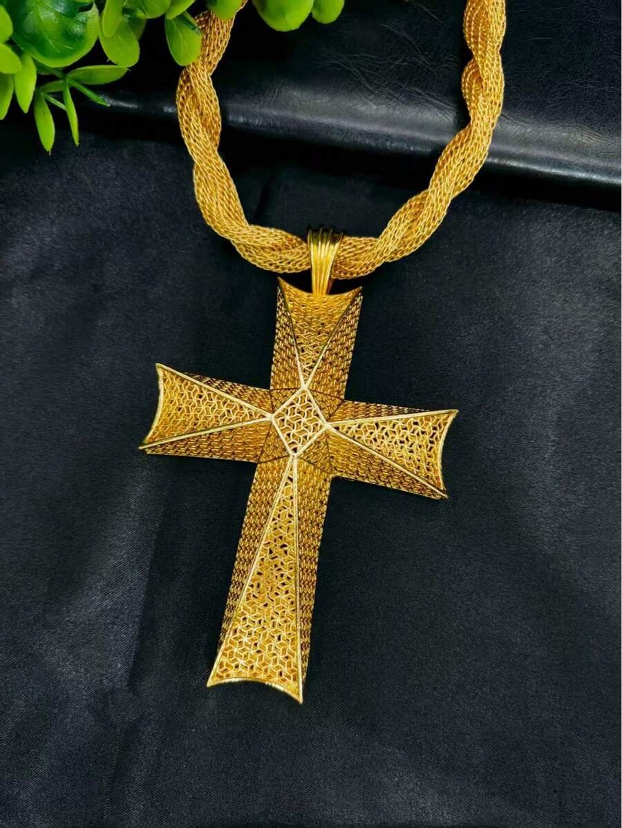 1pc Cross Pendant Necklace, Gold Color, Suitable For European, African, Brides, Weddings, Parties, Daily Wear, Holiday Gift - Yellow Gold - View 1
