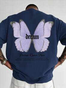 Butterfly Wings Print White Sweatshirt With Dream Text - Casual Streetwear For Everyday Use - 藏蓝色 - 查看 1
