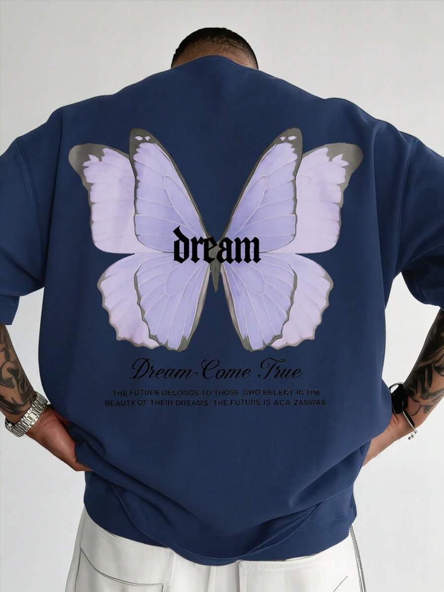 Butterfly Wings Print White Sweatshirt With Dream Text - Casual Streetwear For Everyday Use - 藏蓝色 - 查看 1