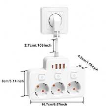 EU Standard Wall Mounted Power Socket With 3 AC Outlets, 3 USB Ports And 1 Type-C Port, 2500W, Individual Switch Control, Black/White, Flexible Short Cord Design, Anti-Bending, Suitable For Various Compact Environments, Widely Spaced Outlets To Avoid Tangling
