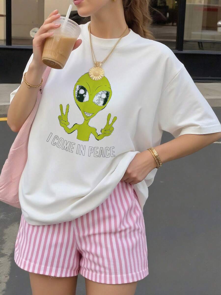 Cute-Alien-I-Come-In-Peace-Space-Rave-EDM-Music-Alien-T-Shirt - 白色 - 查看 1