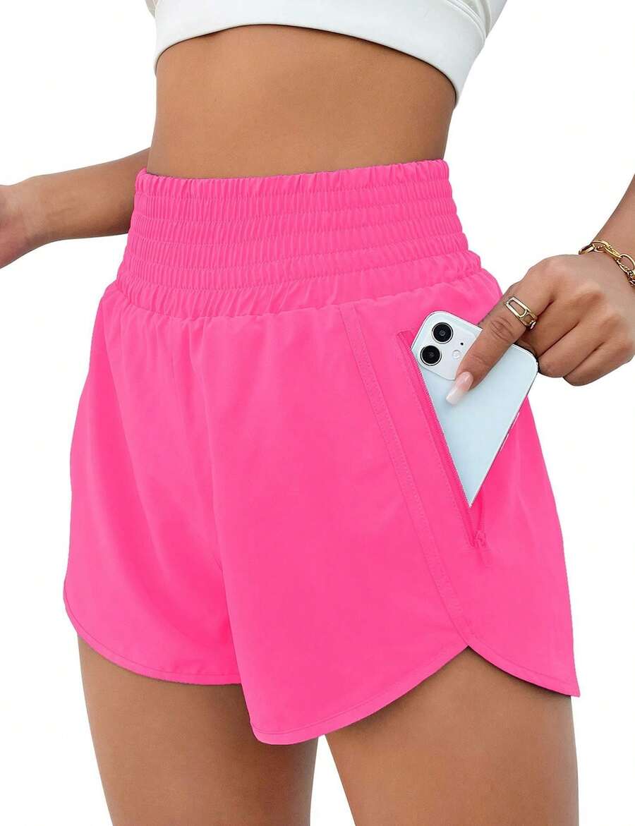 Casual High-Waisted Cycling Shorts, Suitable For Gym Workouts, Cycling, And Running. Women's Style Sport Women's Athletic Shorts Solid Color High Waisted Running Shorts Gym Workout Shorts With Pockets For Workout, Running, Fitness, Comfortable For Commute & Outdoor - Hồng hồng - Xem 1
