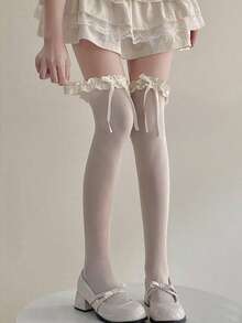 1双女童过膝长袜，带蝴蝶结，白色，洛丽塔风格，荷叶边蕾丝花边。袜子、发饰、发带、胸针、眼镜、学习用品、奖章、伊斯兰头巾、奢华新娘皇冠、女士围巾、袖套、披肩、女士太阳镜、袜子、女士腰带、女士手套、男士太阳镜、舒适袜子 - 彩色 - 查看 4