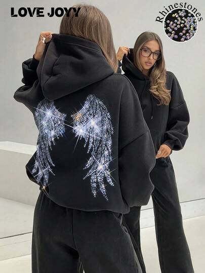LOVE JOYY 高街时尚女式宽松长袖套头连帽衫，带天使翅膀水钻装饰、口袋、闪亮街头服饰，秋冬