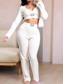 Mujer conjunto deportivo tejido elástico ajustado escote en V manga larga primavera otoño uso casual - Blanco - Ver 4