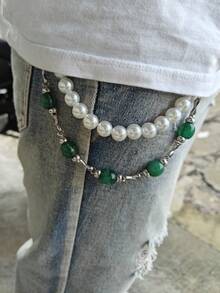 Jadeite Imitates Emerald Green Pearl Short Pants Chain Double-Layer Atmosphere Pocket Chain Fashionable Men And Women Multi Functional Luxury Accessories