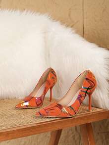 Women's Sexy High Heels Fashionable And Versatile Pointed Toe Stiletto Graffiti Shoes - 橘色 - 查看 4