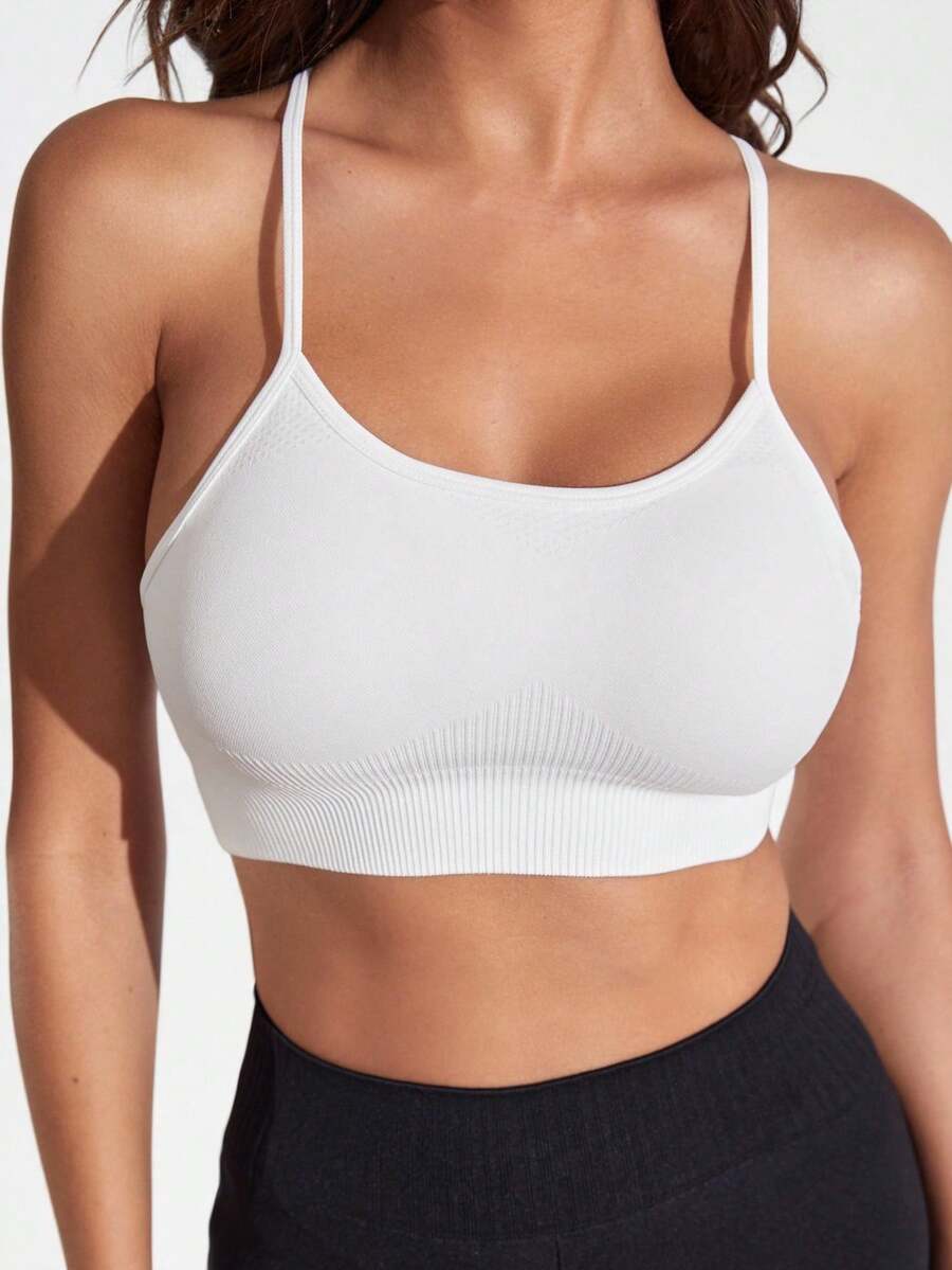 SHEIN Sports 拼色十字交叉露背运动文胸 - 白色 - 查看 1