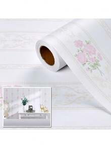 1 Roll Of Thickened Striped Self-Adhesive Wall Decoration Stickers For Living Room And Bedroom TV Background Wall Waterproof And Moisture-Proof Wipeable Wallpaper Wall Paper Wall Stickers Room Decor - Striped White Background With Pink Flowers - View 14