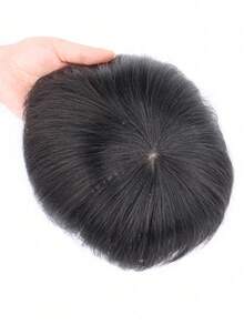 Pieza de cabello postizo para hombres de 16x18CM con clips, extensiones de cabello humano invisibles, pelucas para hombres de cabello corto, reemplazo de cabello natural hecho a mano para pérdida de cabello y cabello ralo, disfraz de Navidad, peluca de fiesta de Año Nuevo, estilo festivo - Natural Black - Ver 9