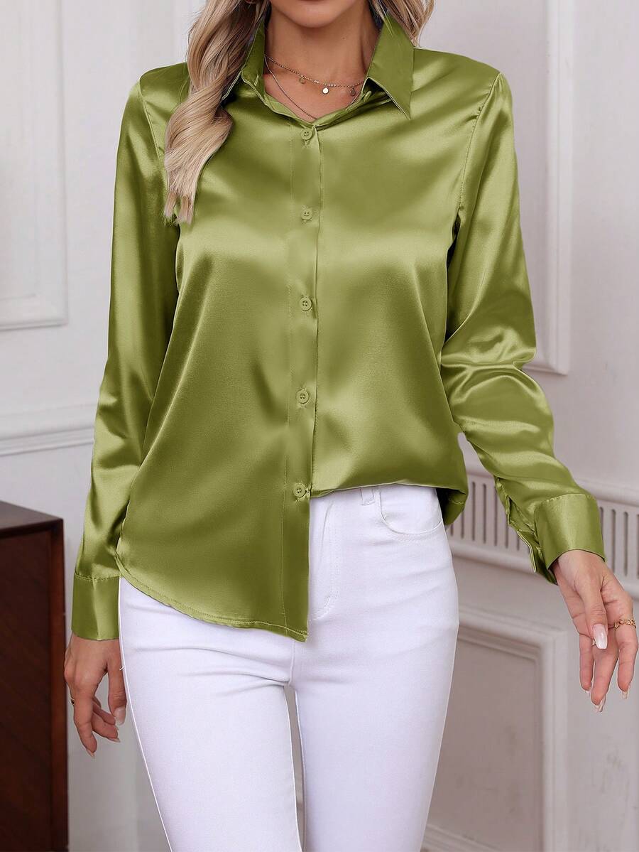 2026新款优雅纯色长袖衬衫，经典职业装女式衬衫，春季款 - 橄欖綠 - 查看 1
