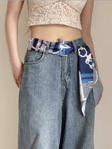 1 Stück Damen Professioneller doppelseitiger langer Schal mit Schleifen-Dekor, elegante Halskrawatte, Haarband, Gürtel, Taschenzubehör (Druckplatzierung zufällig)