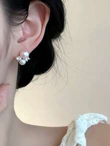 1 对优雅法式甜美温柔个性化粉色人造珍珠镶嵌水晶耳钉，适合女性日常、通勤、约会、度假、订婚佩戴 - 銀色 - 查看 2