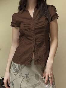 Y2K Collegiate Style Buttoned Collared Casual Cute Pleated Fitted Short Sleeve Brown Shirt, Spring, Girlfriend Aesthetic, Graduation Season, Valentine's Day - Brown - View 6