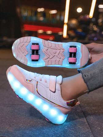 Teenagers Roller Skate Shoes, Wheeled Shoes, 4-Wheel Roller Shoes, Small 4-Wheel, Shoes, LED Rechargeable Luminous Shoes