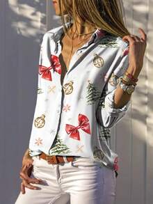 Christmas Snowflake & Bow Print Long Sleeve Shirt - Casual Polyester Top, Button Detail, Suitable For Holiday & Casual Wear, Digital Printing, Loose Fit - White - View 6