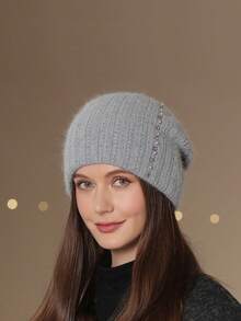 1pc Women's Warm Double-Layer Knitted Hat, Fashionable Pearl Headband Earmuffs Beanie, Thick Knitted Hat For Mothers In Winter