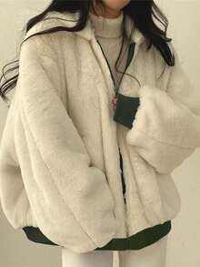 女式超大号连帽外套，仿毛领，修身廓形，双面口袋，可双面穿，休闲街头风格，秋冬短款夹克 - 墨綠色 - 查看 7