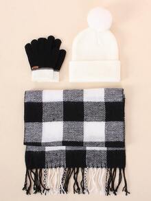 1 Set Kids' Knitted Hat & Gloves Set – Pom - Pom Decor, Contrast Cuff Design, Soft Warm For Winter Outdoor