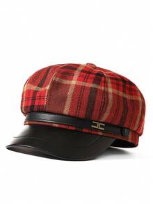 1 pieza Boina retro elegante, con estampado de cuadros y decoración de letra metálica, estilo gorra de periódico, adecuada para uso diario de mujeres
