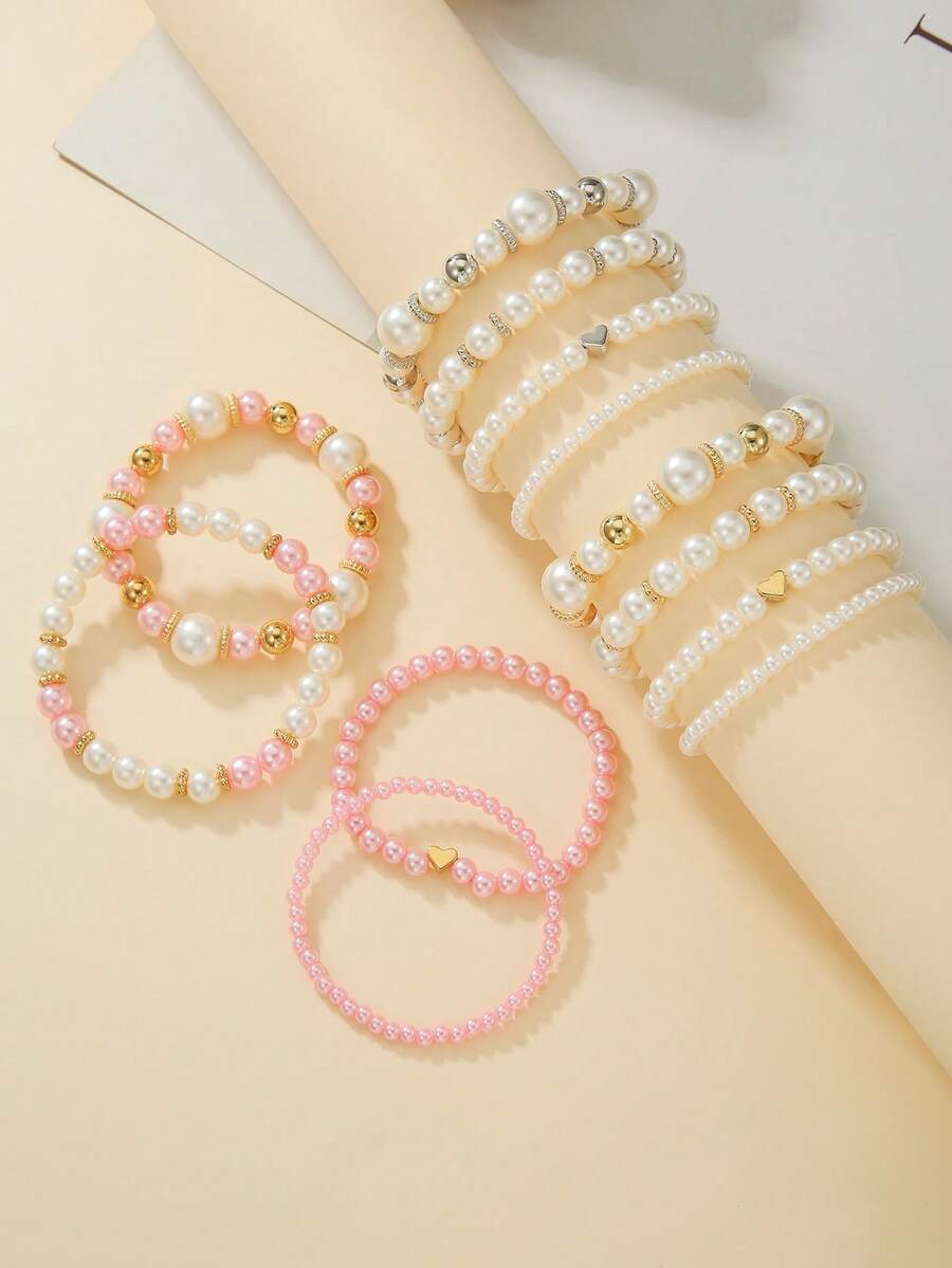 4 peças/conjunto Pulseiras Elásticas com Espaçadores de Contas em Forma de Coração de Pérola Falsa CCB, Adequadas para Presentes e Uso Diário, Adolescentes
