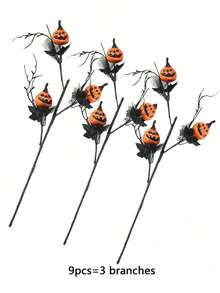 12pcs/4 Branches Halloween Artificial Pumpkin Bouquet Decor - Black & Orange Spooky Ghostly Pumpkins With Bats & Foliage, Plastic Battery-Free Indoor/Outdoor Decoration For Home, Party, Or Christmas, Festive Centerpiece, Eerie Floral Arrangement, Durable Holiday Display, Bat Decorations - Multicolor - View 14