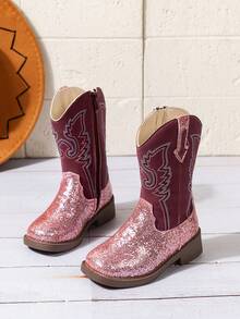 1 Pair Children's Purple Sequin High-Top Square Toe PU Boots, Suitable For Outdoor Sports - Purple - View 12