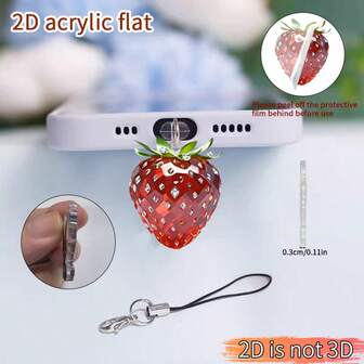 1 件可爱粉色草莓 2D 亚克力防尘塞 - 可爱的手机吊坠，配有龙虾扣挂绳，用途广泛，保护手机充电端口，兼容 Type-C/Lightning，馈赠佳品