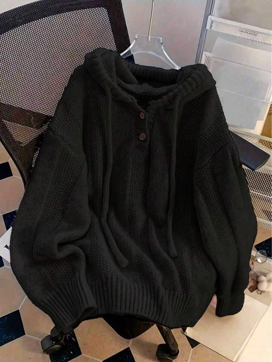 Women's Casual Hooded Knit Cardigan, Loose Long Sleeve With Front Pockets, Adjustable Drawstring Hood, Simple Design, Comfortable Pullover Sweater, Autumn/Winter