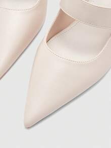 Sandalias de tacón alto grueso y puntera puntiaguda, cómodas y de moda, con hebilla cuadrada de color marfil - Beis - Ver 7