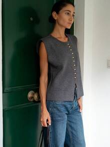 GIGOGOU Chaleco de mujer de cuello redondo, abotonadura sencilla, bolsillo falso, sin mangas, para otoño e invierno, de unicolor, estilo retro, para uso casual y de negocios, chaqueta tipo cárdigan