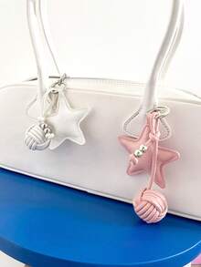 1PC Five-Pointed Star Key Chain, Star Shaped Keychain, Handmade Pentagrams Pendant Key Chain, Leather Star Pendant Versatile Bag Charm Phone Case Camera Key Chain, Leather Pentagram Woven Ball Pendant Christmas Gift