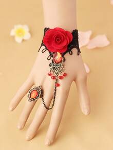 1 件女士复古哥特朋克时尚勃艮第花朵蕾丝手链腕带配红色宝石戒指万圣节