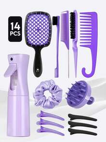 Bộ dụng cụ tạo kiểu tóc xoăn 6/14 món, bao gồm: Lược duỗi tóc, lược răng rỗng, bình xịt, cọ gội đầu, lược răng thưa có móc, lược tạo độ phồng, lược đuôi nhọn, lược chải viền tóc (dành cho viền tóc thô/mịn và tạo kiểu phía sau), phù hợp với các dụng cụ tạo kiểu tóc xoăn tự nhiên và nhiều phụ kiện tóc khác. Sản phẩm thiết yếu cho tiệm làm tóc, salon, du lịch, chăm sóc tóc, phụ kiện tóc. - Đen + Tím - Xem 13