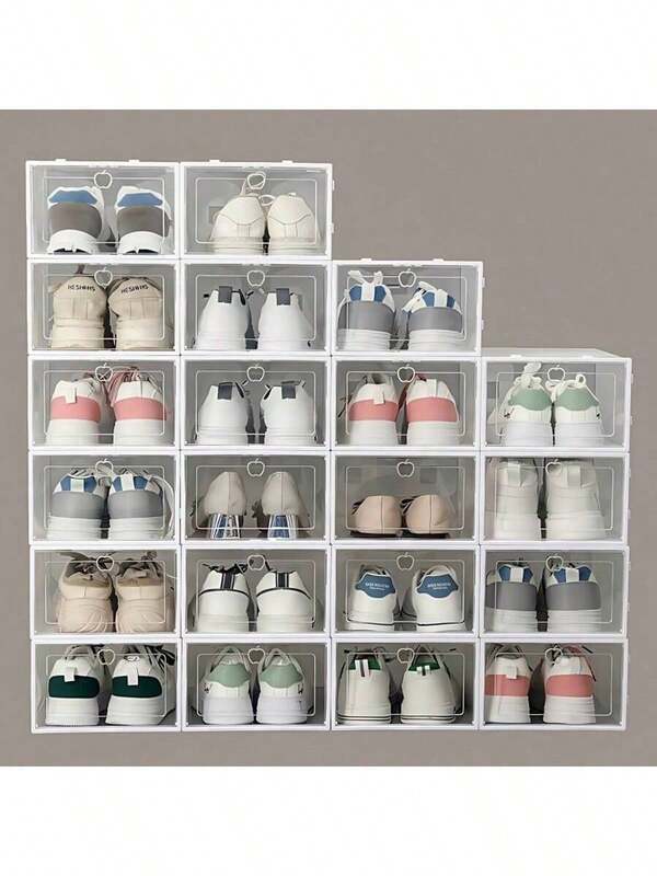 12 caixas de plástico brancas para armazenamento de sapatos, à prova de poeira, dobráveis, multicamadas, para organização doméstica, anel de maçã em formato de coração, design flip top de fácil acesso, perfeito para armazenar sapatos, sandálias e chinelos, organização de sapatos, armazenamento moderno de sapatos, caixa de plástico durável, organizador de sapatos empilhados em uma sapateira, armários de sapatos