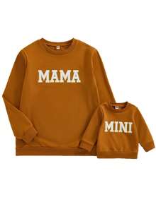 Mommy And Me Matching Outfits Christmas/Halloween Sweatshirts Family Matching Xmas Clothes Long Sleeve Crewneck Mama/Mini Letter Print Sweatshirts Pullover Tops Winter Fall Clothes - màu nâu - Xem 4