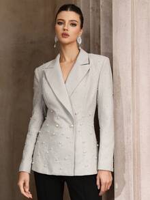 女式领口缀饰珍珠装饰修身派对西装外套，优雅时尚的设计适合任何场合，非常适合办公室穿着和社交活动，秋季 - 灰色 - 查看 4