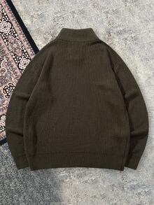 男士休闲宽松纯色 Polo 领拉链针织衫，韩版百搭通勤款，秋冬季 - 墨綠色 - 查看 3